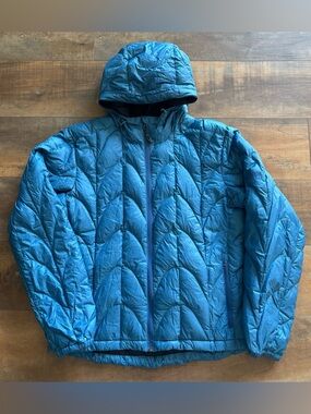 Outdoor Research Aria Quilted Puffer Blue Down Hooded Jacket Women’s Size Large